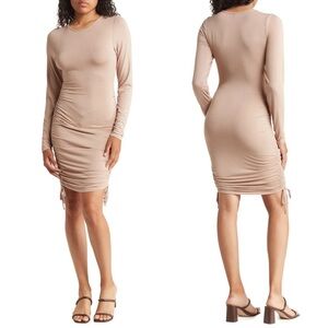 Nordstrom Side Ruched Long Sleeve Dress Side Ties Size Large Beige Tan Nude Mini